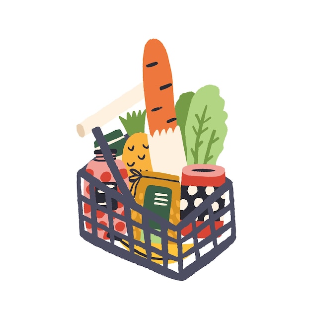 Vector cesta de supermercado llena de productos sabrosos frescos vector ilustración plana. cesta llena de comestibles con pan, frutas, verduras y latas aisladas en fondo blanco. compra colorida dibujada a mano.