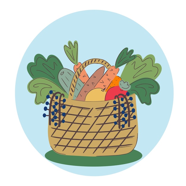 Cesta con verduras y frutas el concepto de cosecha o vegetarianismo ilustración plana isola
