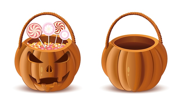 Cestas de calabaza para dulces. Conjunto de cestas de Halloween. Canasta de Jack-o-lantern. aislado