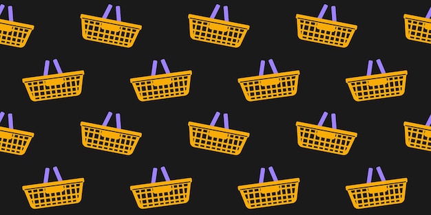 Cestas de compras coloridas dispuestas en un patrón repetitivo sobre un fondo oscuro