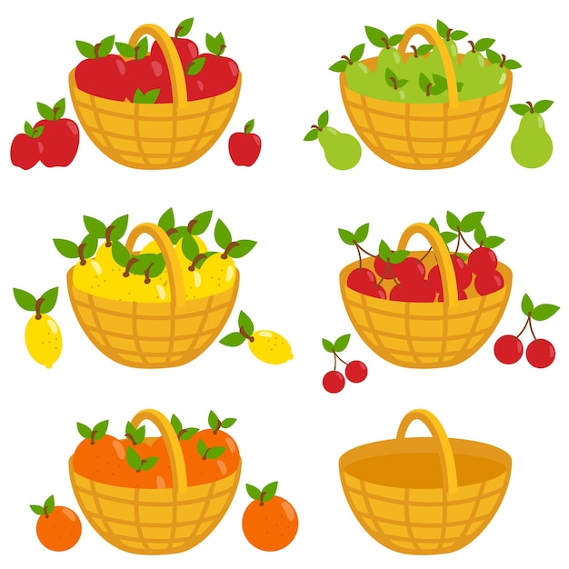 Cestas de frutas Producción agrícola de manzanas, peras, limones, cerezas y naranjas Ilustración vectorial