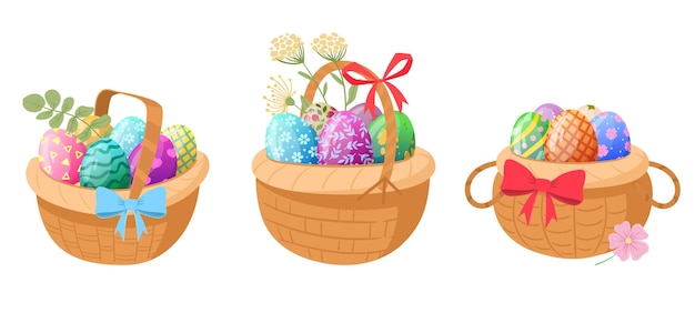 Cestas de huevos de pascua de dibujos animados Huevos de pascua pintados en cestas de mimbre cesta de celebración de vacaciones de primavera ilustración vectorial plana en fondo blanco