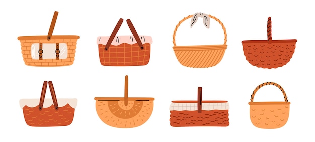 Cestas de mijo vacías de dibujos animados, cestas de picnic hechas a mano, bolsas decorativas para productos, almuerzo en el parque en césped, recipiente de mijo con servilleta, caja de paja para acampar, conjunto de vectores llamativos.