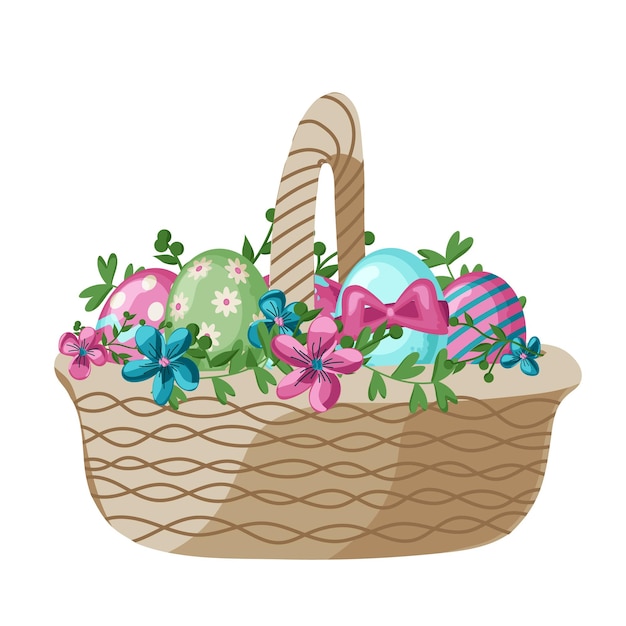 Cestas de pascua de dibujos animados con huevos pintados y flores de primavera Cesta de mimbre llena de huevo de chocolate regalo de vacaciones de primavera obstaculiza el conjunto de vectores Ilustración de canasta de pascua para vacaciones