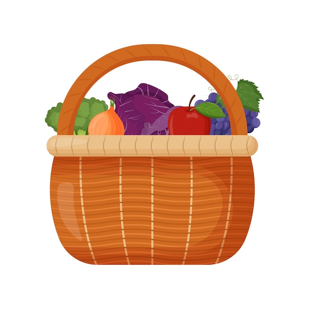 Cestas de picnic Fondo de mimbre con frutas frescas Brócoli cebolla repollo pimiento manzana uva