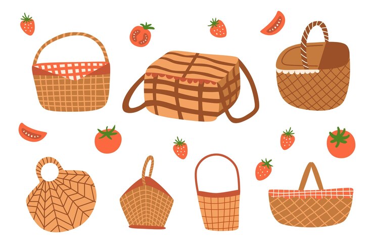 Vector cestas de picnic vector conjunto elementos gráficos aislados cestas de picnic colección de iconos de doodle picnic al aire libre
