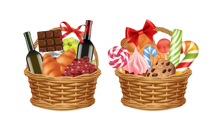 Vector cestas de regalo de navidad. envases de alimentos realistas, regalos promocionales festivos de la tienda de comestibles.