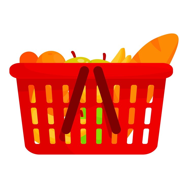 Vector cesto de compras rojo lleno de comestibles con manzanas, naranjas y pan aislados sobre un fondo blanco