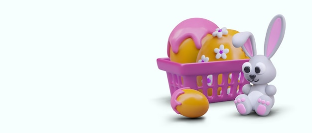 Cesto de compras rosa de conejo de juguete realista con huevos de Pascua concepto de venta de compras de vacaciones de primavera