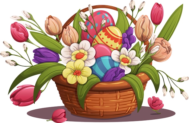Cesto de Pascua con flores y huevos