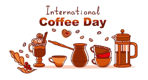 Cezve cafetera y varios tipos de café Estandarte del día internacional del café Estándar del día del café