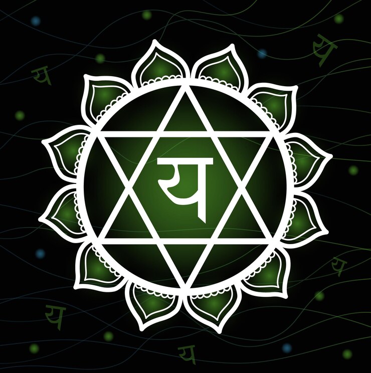 Vector chakra anahata con símbolo sánscrito sobre fondo negro mandala ilustración vectorial para yoga