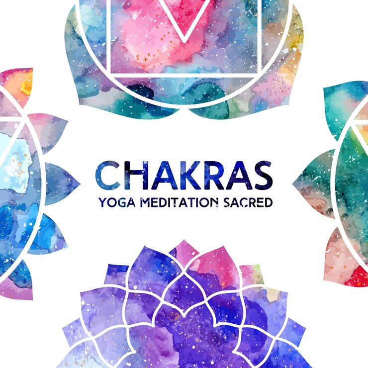 Vector las chakras de acuarela enmarcan el cielo cósmico de textura brillante multicolor
