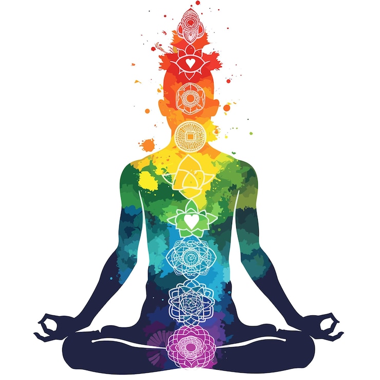 Vector chakras alineados de colores silueta humana fondo blanco