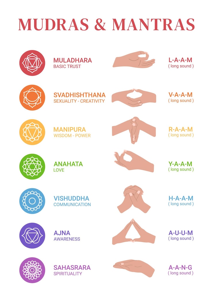 Vector chakras mudras y mantras manos con mantras instrucciones y ejercicios de mantra y mudra