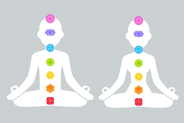 Chakras en siluetas de cuerpo masculino y femenino