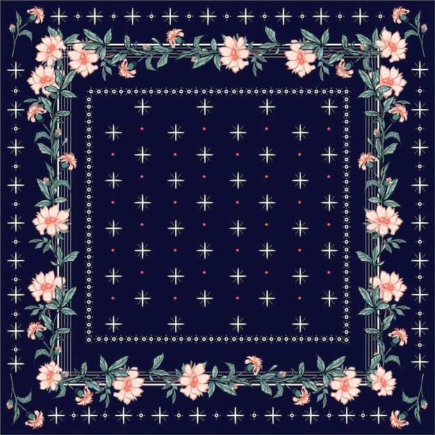 Chal colorido, estampado de bufanda. Fondo floral jardín floreciente con línea y estilo geométrico bandana de patrones sin fisuras.