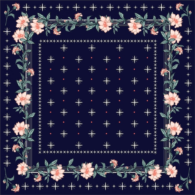 Vector chal colorido, estampado de bufanda. fondo floral jardín floreciente con línea y estilo geométrico bandana de patrones sin fisuras.