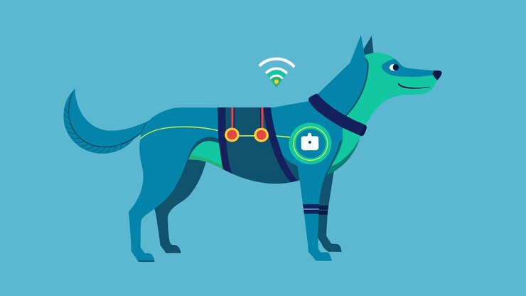 Vector un chaleco de entrenamiento portátil para perros que tiene sensores para registrar sus movimientos durante las actividades y
