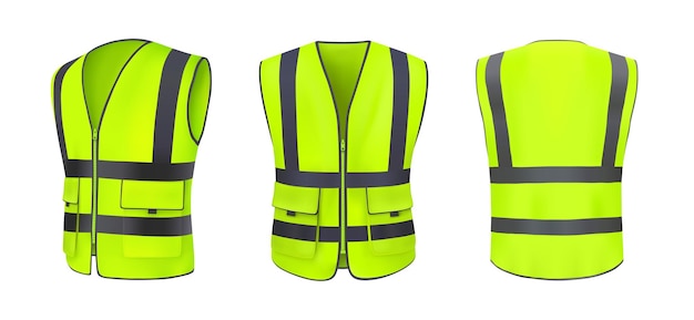 Vector chaleco de seguridad frontal, posterior y lateral. chaqueta amarilla, verde claro con rayas reflectantes. chaleco de seguridad para obras, conductores y trabajadores viales con protector fluorescente. vector 3d realista