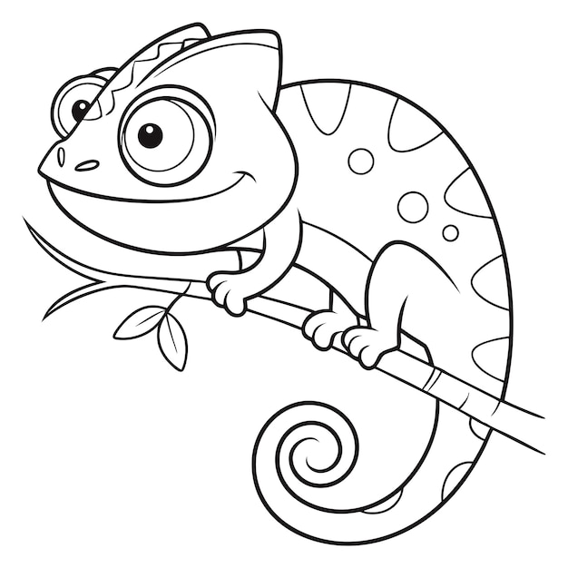 Chameleon on a Branch Cartoon Line Art Illustration