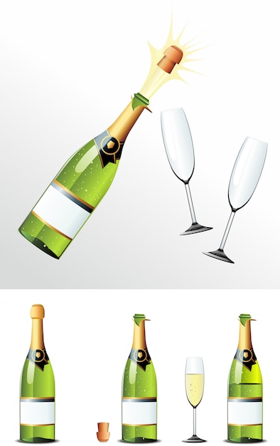 Champagne Botella de corcho y vasos. ilusión