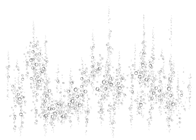 Champán. Bebida efervescente. Efervescencia. Burbujas subacuáticas de aire, agua u oxígeno efervescentes sobre fondo blanco. Destellos efervescentes en el mar, acuario. Gaseosa. Textura de vector submarino.