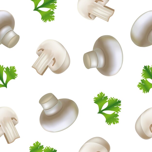 Champiñones frescos 3d detallados realistas con hojas de perejil verde Fondo de patrón sin costuras en una ilustración vectorial blanca de champiñones crudos enteros y en rodajas