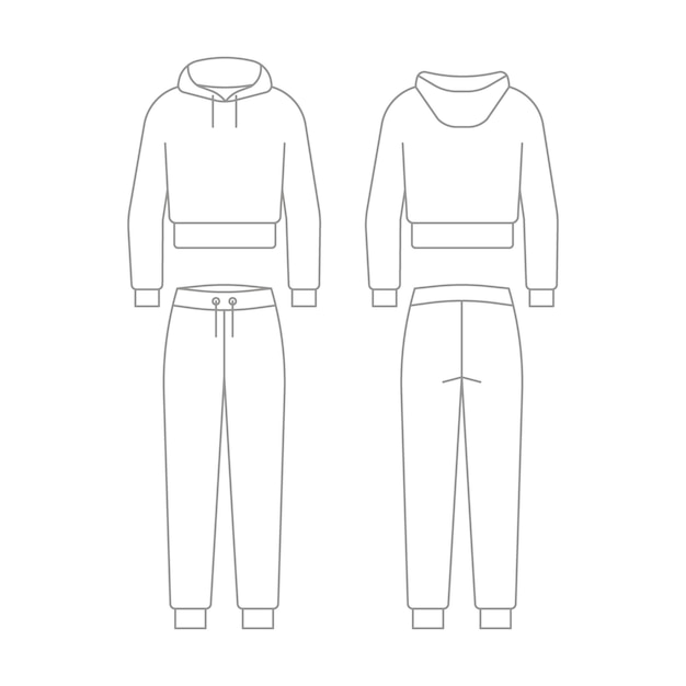 Chándal de pantalones joggers y sudadera con maqueta de plantilla de contorno de capucha en vista frontal trasera