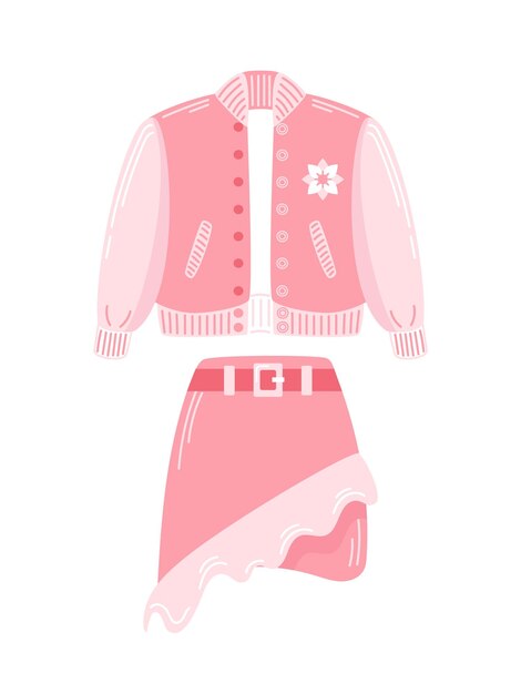 Chaqueta de bombardero rosa para una muñeca Falda asimétrica con volantes Impresión floral Ilustración vectorial en estilo plano moda y2k Para pegatinas carteles postales elementos de diseño
