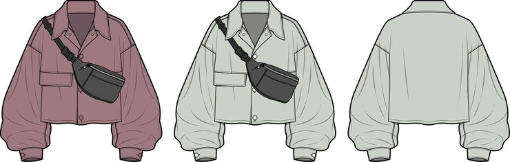 Vector chaqueta de camisa cropped plantilla de ilustración de vector de dibujo técnico de boceto plano delantero y trasero