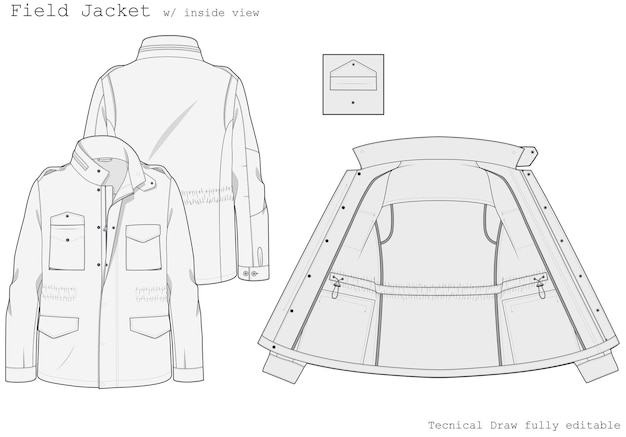 Vector chaqueta de campo_ dibujo técnico de una chaqueta con vista interior