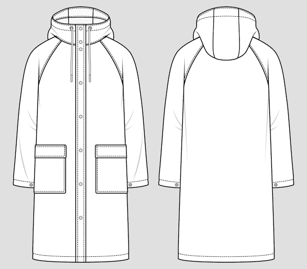 Chaqueta con capucha para hombre. Impermeable largo. boceto de moda. Dibujo técnico plano. ilustración vectorial