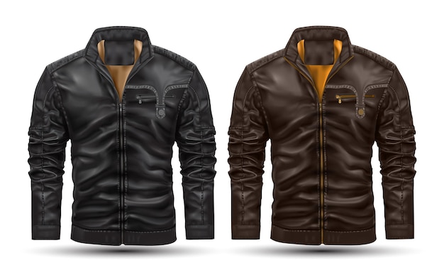 Vector chaqueta de cuero realista colección marrón negro sobre fondo blanco ilustración vectorial.