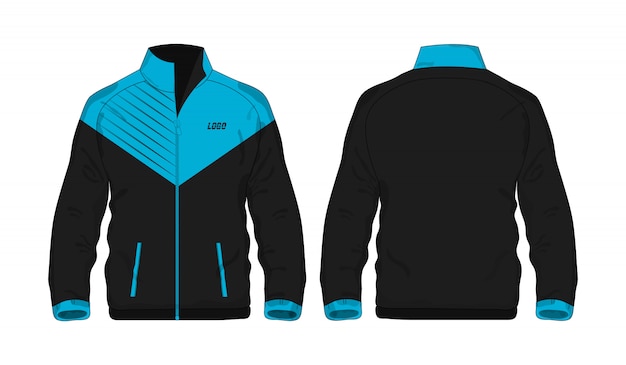Chaqueta deportiva plantilla azul y negro para el diseño sobre fondo blanco.