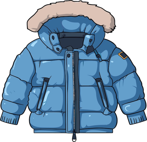 Chaqueta de invierno azul con capucha aislada en la ilustración de vector de fondo blanco