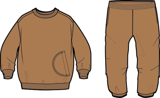 Chaqueta marrón y joggers ilustración vectorial plantilla paquete técnico dibujo técnico plano boceto plano