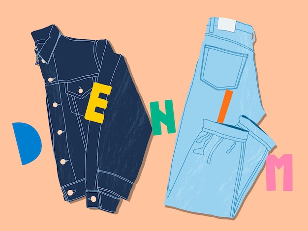 Chaqueta de mezclilla, jeans y letras de estilo plano. Ilustración de vista de arriba hacia abajo de moda. Mezclilla de otoño