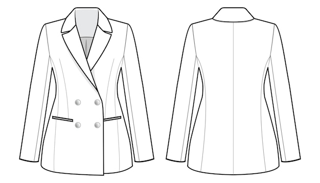 Chaqueta de negocios de plantilla de dibujo técnico plano de moda de traje o abrigo ajustado de vector para mujer