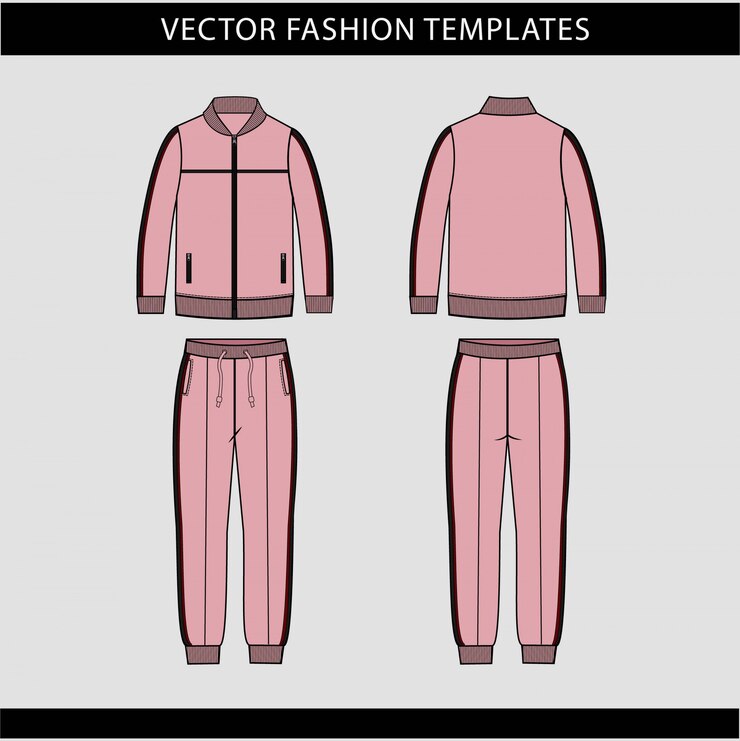 Vector chaqueta y pantalones de chándal, plantilla de dibujo plano de moda, traje de jogging en la parte delantera y trasera, ropa deportiva