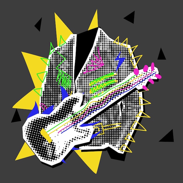 Chaqueta de rocker con collage de guitarra grunge pop art rock imagen en blanco y negro con inserciones de colores