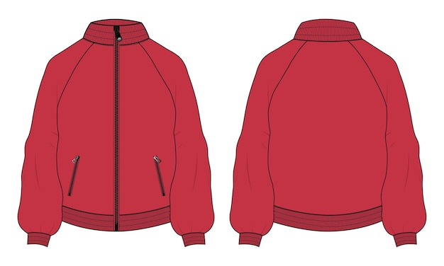 Chaqueta de sudadera de manga larga plantilla de color rojo vectorial de boceto plano de moda técnica.