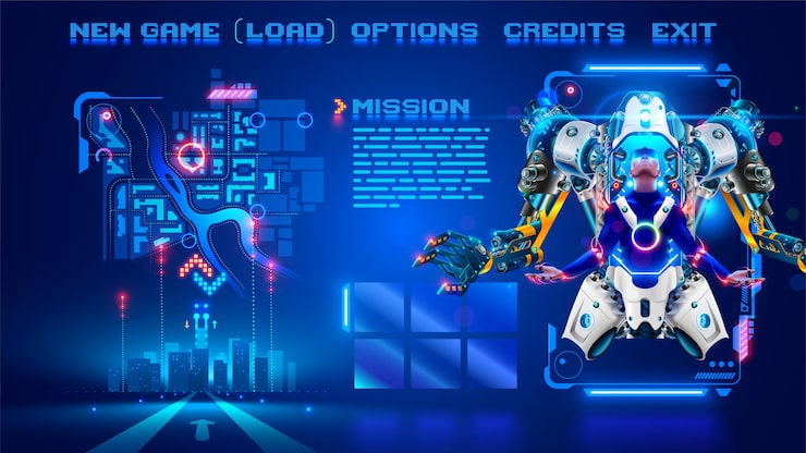 Vector character cyborg in an abstract computer video game in menu frame interface with buttons game menu interface computer video game about robotics battle screenshot of a video game pixels text menu
