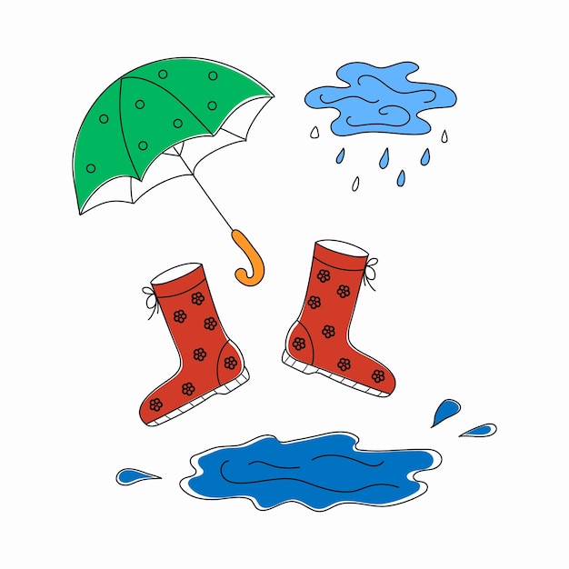 Charcos de lluvia botas de goma y un paraguas