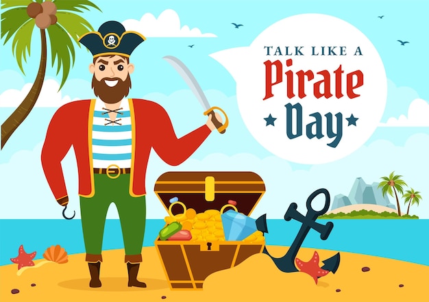 Charla internacional como una ilustración del vector del día del pirata con el personaje de dibujos animados lindo de los piratas