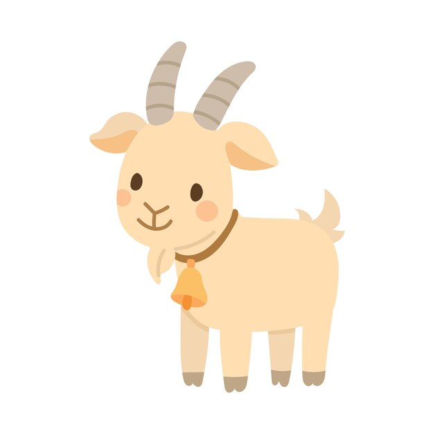 Charming beige goat cartoon with curved horns tiny beard and orange bell collar ideal for farm