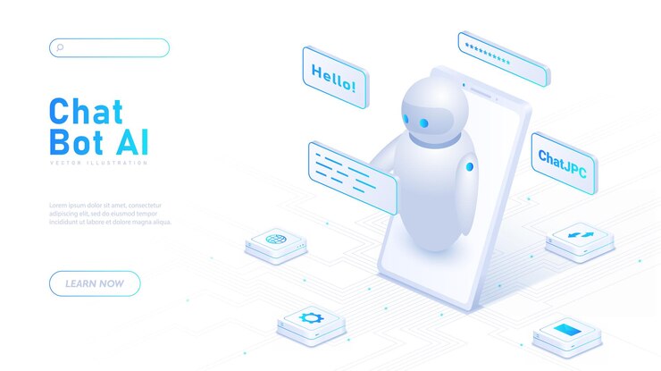 Vector chat bot ai póster blanco inteligencia artificial y mensajero de aprendizaje automático en teléfono inteligente