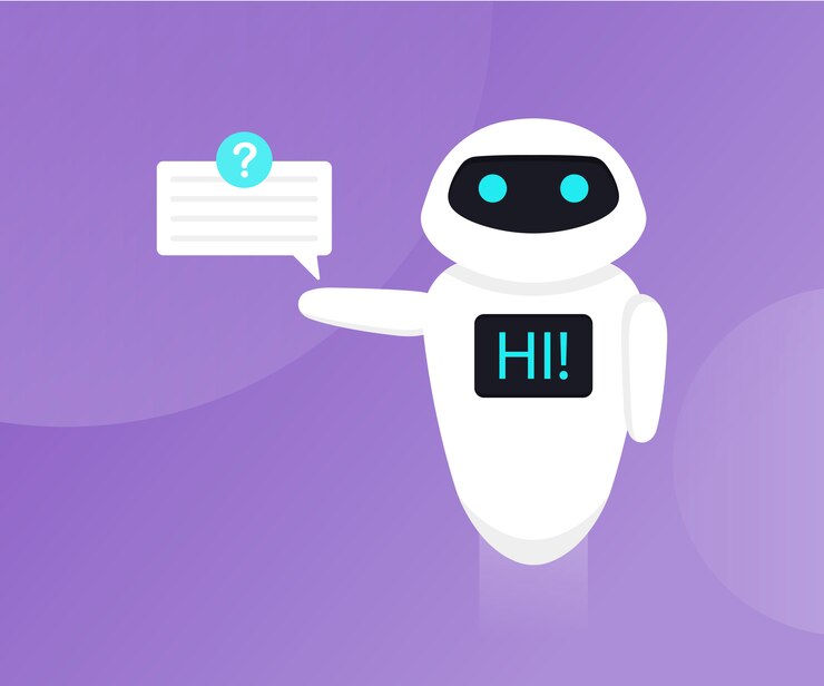 Vector chat bot aislado en el ultravioleta. bot tiene burbujas de discurso. robot decir hola en la pantalla. servicio de atención al cliente chat bot. ilustración plana