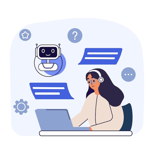 Chat bot asistente virtual de IA soporte al cliente en línea mujer hablando con robot chica preguntando