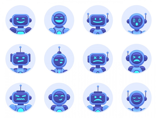 Chat bot avatares. avatar de asistente digital robótico, bot de asistencia en línea de computadora, conjunto de iconos de ilustración de bots de ayuda de máquina virtual. soporte cibernético, servicio virtual bot, robot de chat